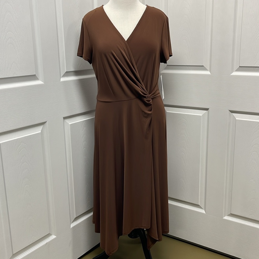 Perceptions New York Brown Faux Wrap V-Neck Dress NWT XL